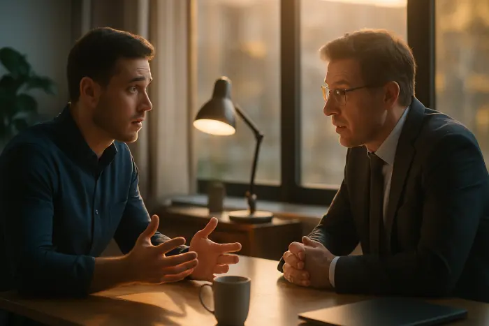 A professional office setting where two people are having a serious conversation. One person (the employee) sits with a confident but slightly nervous posture across from another person (the manager) who is listening attentively. The employee is gesturing with open hands in a explaining motion while the manager leans forward slightly with an expression of surprise mixed with attentiveness. The office has large windows with natural light streaming in, creating a warm atmosphere despite the serious conversation. There are no visible documents or papers between them - just two professionals in conversation. Photo-realistic, professional photography, high-resolution, natural lighting, authentic details.