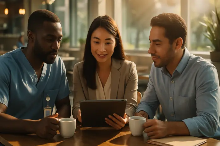 A diverse group of three professionals meeting in a hospital cafeteria. A Black male nurse in scrubs, an Asian woman in business casual attire, and a Latino man in a button-down shirt are engaged in conversation over coffee. The woman is showing something on her tablet to the others, who are nodding thoughtfully. The setting suggests a discussion about coordinating work and caregiving responsibilities. The environment is bright with natural light, creating a hopeful atmosphere. Photo-realistic, professional photography, high-resolution, natural lighting, authentic details.