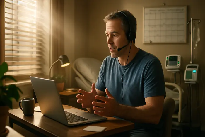 A middle-aged man in casual clothing sits at a small desk in the corner of a living room, working on a laptop. He's wearing headphones for a video call, speaking with a professional expression. In the background, medical equipment for home care is visible but neatly organized. A small whiteboard calendar on the wall shows a schedule of medical appointments and work commitments. The space is arranged to allow him to quickly attend to caregiving needs while maintaining professional connections. The lighting is warm and natural, coming through partially open blinds. Photo-realistic, professional photography, high-resolution, natural lighting, authentic details.