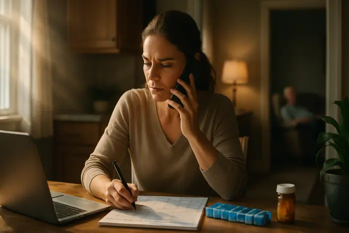 A mid-30s woman sits at a kitchen table with a laptop open to one side and family caregiving materials (medication organizer, calendar with appointments) on the other. She's on the phone with a focused, determined expression while taking notes. Through a doorway in the background, an elderly parent can be partially seen resting in a living room chair. The scene captures the balance between professional engagement and family caregiving responsibilities. Photo-realistic, professional photography, high-resolution, natural lighting, authentic details.