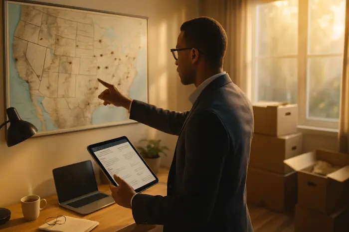 A professional standing at a desk in a home office environment, looking at a large map displayed on the wall with pins marking different cities. The person is pointing at one location while holding a tablet showing job listings. The room has moving boxes partially packed in the background, suggesting preparation for relocation. The lighting is warm and natural, coming through nearby windows. The scene conveys research and planning for a geographic career move. Photo-realistic, professional photography, high-resolution, natural lighting, authentic details.
