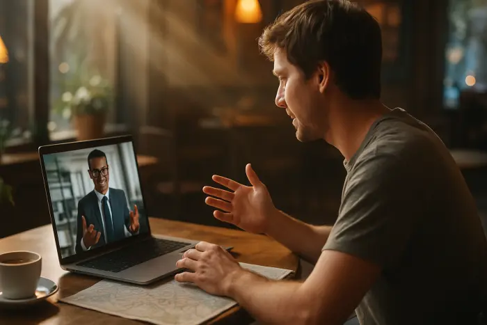 Two professionals having a virtual networking meeting on a laptop in a coffee shop. One person is clearly in the midst of relocation - wearing casual clothes with a city map visible on the table. They're engaged in animated conversation with the person on screen who is in professional attire in an office setting. The coffee shop has a warm, welcoming atmosphere with soft lighting. The scene captures building professional connections in a new location. Photo-realistic, professional photography, high-resolution, natural lighting, authentic details.