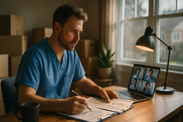 A healthcare professional in scrubs working remotely from a newly set-up home office. The space is partially unpacked with moving boxes visible in the background. They're engaged in a video conference with colleagues on a laptop while referencing medical charts. Through nearby windows, an unfamiliar neighborhood is visible, suggesting recent relocation. The professional appears focused and adaptable in this transitional workspace. Photo-realistic, professional photography, high-resolution, natural lighting, authentic details.