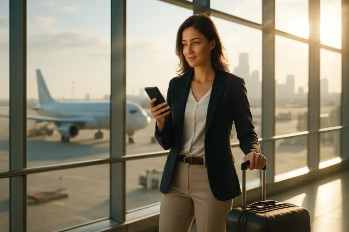 A professional woman stands confidently at an airport terminal, dressed in business casual attire. She's checking her phone while her carry-on luggage sits beside her. Large windows reveal airplanes on the tarmac and a city skyline in the distance. The lighting is bright and natural, creating a hopeful atmosphere. Her expression shows determination and optimism. The scene captures the moment of transition between locations during a career move. Photo-realistic, professional photography, high-resolution, natural lighting, authentic details.