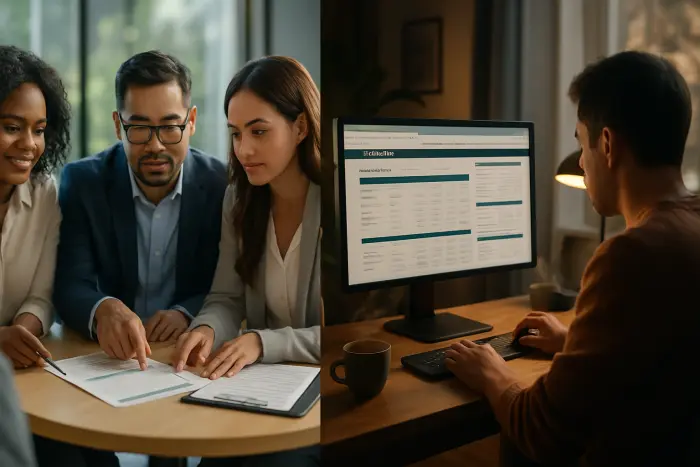A split-screen image showing two professionals in different settings making healthcare decisions. On the left, a diverse group of three healthcare navigators in business casual attire sit at a round table with a client, pointing to insurance documents and explaining options. On the right, a person in their home office environment researches health insurance on their computer with multiple browser tabs open showing comparison charts and coverage details. The lighting is bright and professional, conveying a sense of informed decision-making. Photo-realistic, professional photography, high-resolution, natural lighting, authentic details.