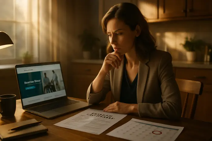 A professional woman in her mid-30s sits at a kitchen table with a thoughtful expression, surrounded by health insurance documents and a laptop showing a healthcare marketplace website. She's wearing casual business attire and appears to be carefully comparing options. A calendar with circled dates is visible nearby, suggesting planning for coverage transitions. The scene is lit by warm natural light coming through nearby windows, creating a hopeful yet serious mood. The setting suggests a home environment where important financial decisions are being made. Photo-realistic, professional photography, high-resolution, natural lighting, authentic details.