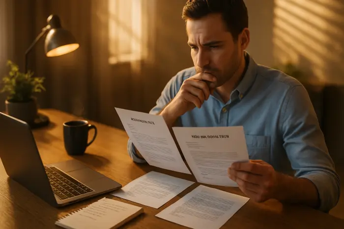 A person in business casual attire sitting at a desk with a laptop open, reviewing multiple document templates spread out in front of them. Their expression shows concentration and thoughtfulness as they compare different resignation letter formats. A notebook with a checklist is visible nearby. The workspace is organized and professional with a small plant and a coffee mug visible. The lighting is warm and natural, creating a calm atmosphere for this important career decision. Photo-realistic, professional photography, high-resolution, natural lighting, authentic details.