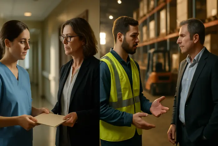 A split-screen composition showing two contrasting resignation scenarios. On one side, a healthcare worker in scrubs having a respectful conversation with a supervisor in a clinic hallway, handing over a folder with a professional expression. On the other side, a warehouse worker in safety vest discussing with a manager on the factory floor, gesturing calmly while explaining their decision to leave. Both scenes capture the diverse workplace environments where resignations occur beyond traditional offices. The lighting creates a balanced, authentic atmosphere highlighting the professional nature of these conversations regardless of setting. Photo-realistic, professional photography, high-resolution, natural lighting, authentic details.