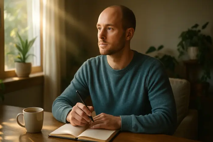 A person sitting in a peaceful home environment with a notebook and pen, looking thoughtful but not writing. They appear to be taking a moment of reflection during their recovery journey. A cup of tea sits nearby, and natural light streams through a window. The setting suggests a healing space with plants and minimal distractions. The person's expression shows quiet determination and hope. No text, documents, or written materials are visible in the scene. Photo-realistic, professional photography, high-resolution, natural lighting, authentic details.