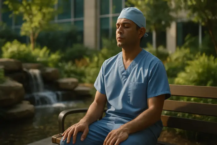 A healthcare worker in scrubs taking a mindful moment in a hospital garden. They're sitting on a bench with eyes closed, practicing deep breathing. The outdoor setting features healing elements like flowing water and natural greenery. Their posture shows both exhaustion and renewal. The scene captures the reality of mental health challenges in demanding professions like healthcare, while highlighting the importance of intentional recovery moments. No paperwork, charts, or text elements are visible. Photo-realistic, professional photography, high-resolution, natural lighting, authentic details.