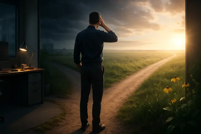 A person stands at a crossroads between two paths, symbolizing the decision between continuing in a stressful job or choosing mental health. The figure is in a contemplative pose, looking toward the brighter path that leads to an open horizon. The other path appears darker with storm clouds. The scene is bathed in dawn light creating a hopeful atmosphere despite the serious decision being faced. The person's body language shows both uncertainty and determination. The environment contains subtle workplace elements in the background and natural elements symbolizing healing in the foreground. Photo-realistic, professional photography, high-resolution, natural lighting, authentic details.