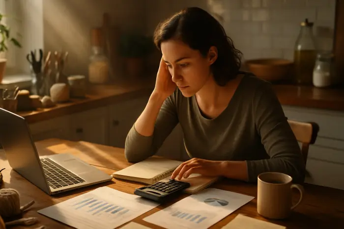 A person at a kitchen table surrounded by notebooks, a laptop, and a calculator, working on business plans for their passion project. They're reviewing financial projections and market research data. The scene shows a thoughtful, focused expression as they analyze the viability of their passion business. Warm, natural lighting creates a hopeful atmosphere while maintaining the serious nature of the planning process. The workspace includes elements of their passion (craft supplies, cooking ingredients, or creative tools) alongside the business planning materials. Photo-realistic, professional photography, high-resolution, natural lighting, authentic details.
