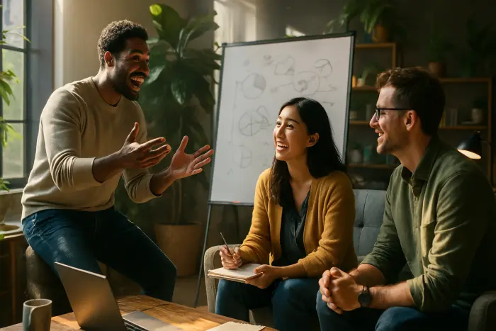 A diverse group of three entrepreneurs in a casual coworking space engaged in a supportive mastermind meeting. They're sharing ideas on a whiteboard with no visible text, using visual diagrams and sketches. The space features plants, natural light, and comfortable seating. Their expressions show encouragement, active listening, and collaborative problem-solving. One person is gesturing enthusiastically while explaining a concept, another is nodding thoughtfully, and the third is taking notes. The scene captures the community aspect of entrepreneurship and the importance of support networks. Photo-realistic, professional photography, high-resolution, natural lighting, authentic details.