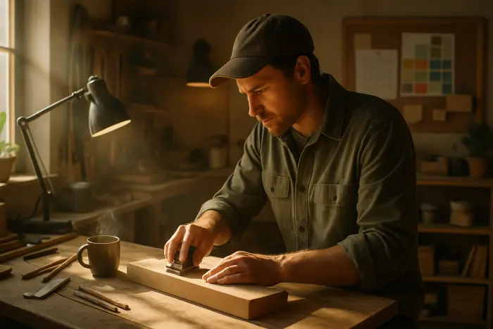 A person in a home studio or workshop environment focused on their passion project work. They're wearing casual, practical clothing appropriate for their craft (could be woodworking, art, cooking, etc.). The space shows organization and professionalism with proper tools and equipment, suggesting they've taken their passion seriously as a business. Natural light streams in through windows, creating a productive atmosphere. Their expression shows deep concentration and satisfaction. On a corkboard in the background are visible business elements like a calendar and color swatches, but no readable text. The scene captures the integration of passion and professional purpose. Photo-realistic, professional photography, high-resolution, natural lighting, authentic details.
