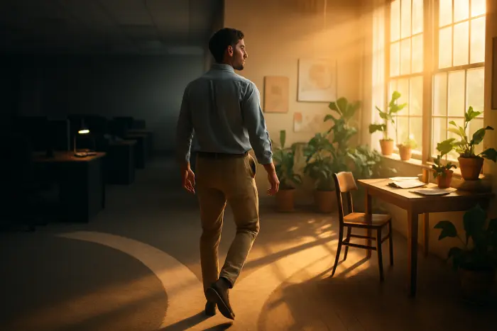A professional workspace transition scene showing a person in business casual attire standing at a crossroads between two paths. On one side, a traditional office environment with desks and computers, slightly dimmed. On the other side, a bright, creative workspace with plants, natural light, and artistic elements representing their passion project. The person is taking a confident step toward the passion project side, expression showing determination mixed with thoughtfulness. The lighting creates a warm glow on the passion project side while the office side remains in cooler tones. Photo-realistic, professional photography, high-resolution, natural lighting, authentic details.