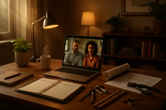 A professional workspace that shows elements of multiple career streams. The scene features a desk with distinct work zones - one area has a laptop with a video call showing client collaboration, another section has industry-specific tools or materials, and a third area shows planning materials or a calendar system for managing multiple projects. The lighting is warm and natural, creating an inviting and productive atmosphere. The space should reflect a blend of professionalism and personalization, showing how someone manages various professional identities in one career. No text, documents, or screens with readable content should be visible. Photo-realistic, professional photography, high-resolution, natural lighting, authentic details.