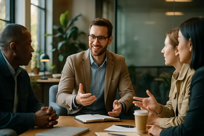 A confident professional in business casual attire meeting with different types of clients in a modern co-working space. The scene shows the portfolio careerist engaged in conversation with 2-3 people who represent different industries or project types. Their body language shows active listening and engagement, with gestures indicating explanation or collaboration. The space features natural light through large windows, plants, and a comfortable but professional setting with a whiteboard or glass wall in the background (with no visible writing). The image should convey the relationship-building aspect of managing multiple professional connections. Photo-realistic, professional photography, high-resolution, natural lighting, authentic details.