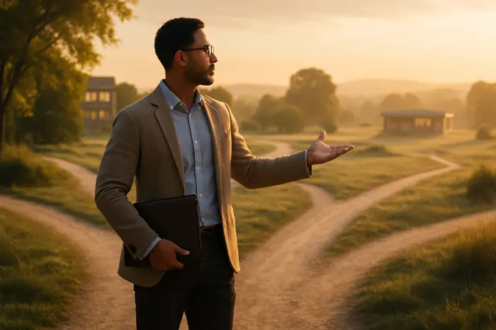 A professional with diverse skills standing at a crossroads where multiple paths branch out, symbolizing different career opportunities. The person looks confident and thoughtful, dressed in business casual attire that could work across multiple professional settings. They hold a portfolio or tablet in one hand while their other hand gestures toward the various paths. The scene is set in warm, natural morning light with a gradient of possibilities visible on the horizon - some paths lead to collaborative spaces, others to independent work settings. No text or writing is visible in the scene. The image conveys the moment of transition and possibility in a portfolio career journey. Photo-realistic, professional photography, high-resolution, natural lighting, authentic details.