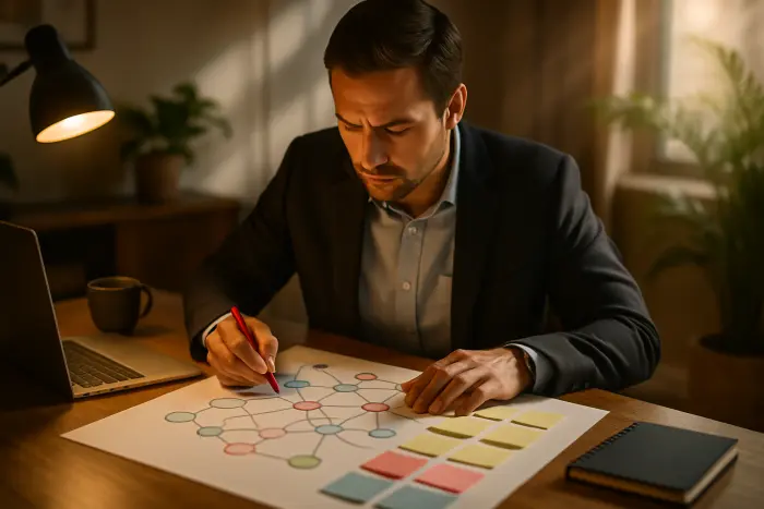 A professional creating a relationship map at their desk, organizing connections into different categories. They're using colored markers on a large sheet of paper, with sticky notes arranged in groups. The workspace shows a laptop, notebook, and coffee cup. The person has a focused expression as they thoughtfully map out their professional network, identifying which relationships need special attention during their transition. The setting features warm lighting and plants, creating a productive atmosphere. Photo-realistic, professional photography, high-resolution, natural lighting, authentic details.