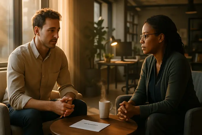 A professional setting showing two people engaged in a respectful resignation conversation in a modern office space. One person (the employee) has a calm, thoughtful expression while the other (the manager) shows attentive listening. They're seated in comfortable chairs near a window with natural light streaming in, creating a warm atmosphere. The background shows a collaborative workspace with subtle office elements. Both individuals are dressed in professional but not overly formal attire, representing diverse workplace styles. Their body language conveys mutual respect and professionalism during this important conversation. Photo-realistic, professional photography, high-resolution, natural lighting, authentic details.