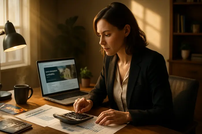 A professional woman in her mid-30s sitting at a desk in a home office environment, focused on financial planning documents and a laptop displaying educational program information. She's using a calculator while reviewing a spreadsheet that shows a budget timeline. The space is organized with educational brochures and career planning materials visible. The lighting is warm and natural, coming through a nearby window, creating an atmosphere of thoughtful planning and strategic decision-making. Photo-realistic, professional photography, high-resolution, natural lighting, authentic details.