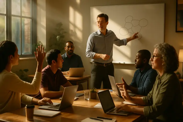 A diverse classroom setting where adult professionals are engaged in a collaborative learning environment. A man in his 40s wearing business casual attire is presenting to a small group, gesturing toward a whiteboard with a diagram that connects business concepts (no visible text). Other students of various ages and backgrounds are actively participating - some taking notes on laptops, others asking questions with engaged expressions. The setting shows a modern learning space with natural light from large windows and flexible seating arrangements. The atmosphere conveys the integration of professional experience with new knowledge acquisition. Photo-realistic, professional photography, high-resolution, natural lighting, authentic details.