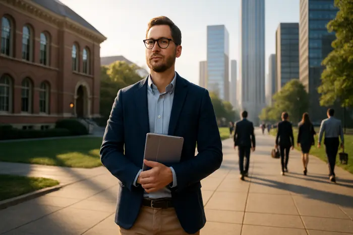 A professional in their late 30s in a transitional moment between student and professional life. They're standing confidently at the intersection of a university campus pathway and a business district, symbolizing the bridge between education and career. Dressed in smart casual attire, they're looking forward with determination while holding a tablet. Their body language conveys readiness and purpose. The background shows both educational buildings and office towers, with other professionals walking in both directions. The lighting is bright morning sunlight, suggesting new beginnings and opportunity. The scene captures the psychological journey of identity transition during career-education integration. Photo-realistic, professional photography, high-resolution, natural lighting, authentic details.
