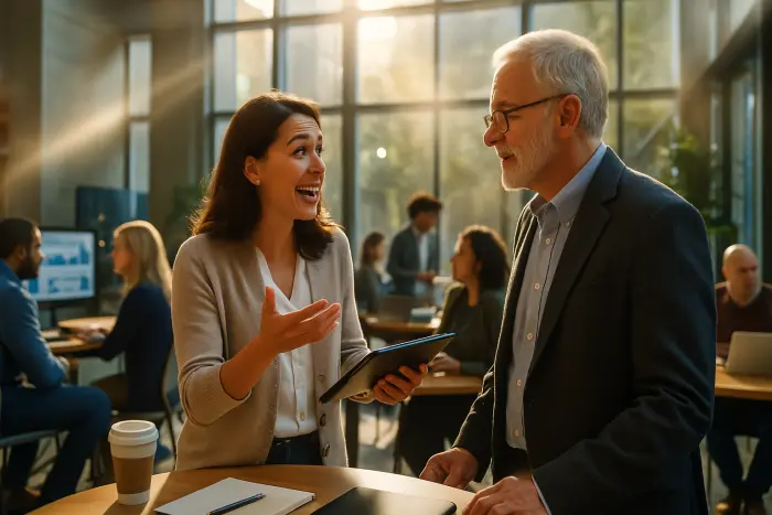 A diverse group of professionals gathered in a modern university atrium with floor-to-ceiling windows allowing natural light to flood the space. In the foreground, a mid-30s woman in business casual attire is engaged in animated conversation with a professor, gesturing enthusiastically while holding a tablet. Around them, other adult students of various ages (30s-50s) and diverse backgrounds collaborate in small groups, some reviewing visual presentations on screens, others discussing ideas over coffee. The atmosphere conveys the energy of professionals actively investing in education while maintaining their professional identities. Photo-realistic, professional photography, high-resolution, natural lighting, authentic details. A diverse group of professionals gathered in a modern university atrium with floor-to-ceiling windows allowing natural light to flood the space. In the foreground, a mid-30s woman in business casual attire is engaged in animated conversation with a professor, gesturing enthusiastically while holding a tablet. Around them, other adult students of various ages (30s-50s) and diverse backgrounds collaborate in small groups, some reviewing visual presentations on screens, others discussing ideas over coffee. The atmosphere conveys the energy of professionals actively investing in education while maintaining their professional identities. Photo-realistic, professional photography, high-resolution, natural lighting, authentic details.