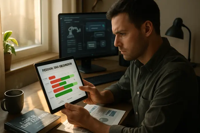 A person sitting at a desk analyzing a personal skill assessment chart on a tablet. The screen shows a visual representation of their skill portfolio with some areas highlighted in red (declining relevance) and others in green (growing demand). Around them are subtle indicators of technological change - automation software interfaces on a second monitor, industry reports, and career development books. The person's expression shows focused concern as they evaluate their professional future. The setting is a modern home office with natural lighting through a window. Photo-realistic, professional photography, high-resolution, natural lighting, authentic details.