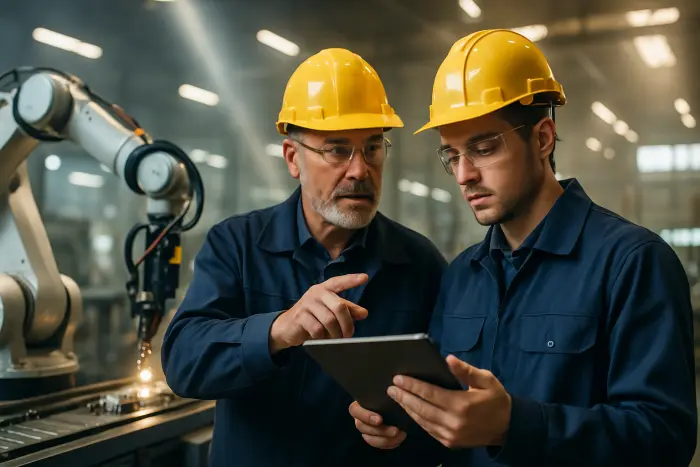 A mid-career professional in a manufacturing environment having a mentoring conversation with a younger colleague near an automated production line. They're reviewing information on a tablet while standing near advanced robotics that are performing tasks once done manually. The older worker is gesturing toward the technology while explaining something, showing knowledge transfer in action. Both wear appropriate safety gear for their industrial setting, with the older worker's confident body language suggesting adaptation to technological change rather than resistance. The lighting is bright but industrial, highlighting both the human connection and technological advancement. Photo-realistic, professional photography, high-resolution, natural lighting, authentic details.