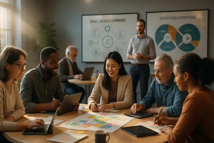 A diverse group of professionals participating in a skill development workshop in a bright, modern training space. The room features both traditional learning elements and advanced technology. Participants of various ages, ethnicities, and apparent professional backgrounds work collaboratively at round tables with both digital devices and hands-on materials. A facilitator stands nearby, guiding the activity. Wall displays show concepts related to future skills and career adaptation. The atmosphere conveys active learning and professional growth, with body language showing engagement and collaboration. The setting uses natural light from large windows combined with warm interior lighting. Photo-realistic, professional photography, high-resolution, natural lighting, authentic details.