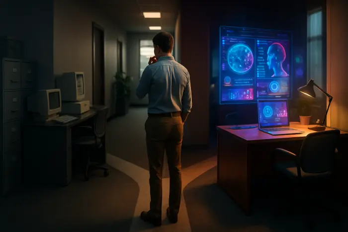A professional at a career crossroads, standing at a literal fork in a modern office hallway. On one path, traditional office equipment (filing cabinets, older computers) appears faded and desaturated. On the other path, emerging technology (holographic displays, AI interfaces) glows with vibrant colors. The person stands thoughtfully at the junction, dressed in business casual attire, with body language suggesting contemplation and decision-making. The lighting creates dramatic contrast between the two paths - cooler, dimmer lighting on the traditional path and warm, inviting light on the technology path. Photo-realistic, professional photography, high-resolution, natural lighting, authentic details.