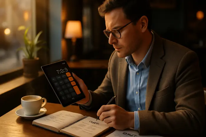 A professional in business casual attire sitting at a coffee shop, carefully reviewing startup documents and financial information on a tablet. They have a notebook with a pros and cons list visible, and are using a calculator app. Their expression shows focused concentration and careful evaluation. The warm lighting of the cafe creates an atmosphere of thoughtful decision-making. On the table are visible notes about 'runway', 'equity', and 'culture fit'. Photo-realistic, professional photography, high-resolution, natural lighting, authentic details.