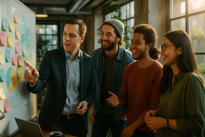 A diverse group of startup team members collaborating in a modern co-working space. The team includes people of various ages and backgrounds wearing casual work attire, gathered around a whiteboard filled with colorful sticky notes and design thinking elements. A person who appears to have recently joined from a corporate background (indicated by slightly more formal attire) is actively contributing ideas while others respond with enthusiasm. The space features industrial design elements, plants, and natural light streaming through large windows. Photo-realistic, professional photography, high-resolution, natural lighting, authentic details.