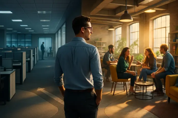 A professional standing at a crossroads between two distinct work environments. On one side, a polished corporate office with structured cubicles, formal attire, and organized meeting rooms under cool blue lighting. On the other side, a vibrant startup space with an open floor plan, collaborative zones, colorful furniture, and casual-dressed team members engaged in animated discussion. The professional is dressed in business casual attire, looking thoughtfully toward the startup side with a mix of excitement and contemplation. The lighting creates a visual contrast between the structured corporate world and the dynamic startup ecosystem. Photo-realistic, professional photography, high-resolution, natural lighting, authentic details.