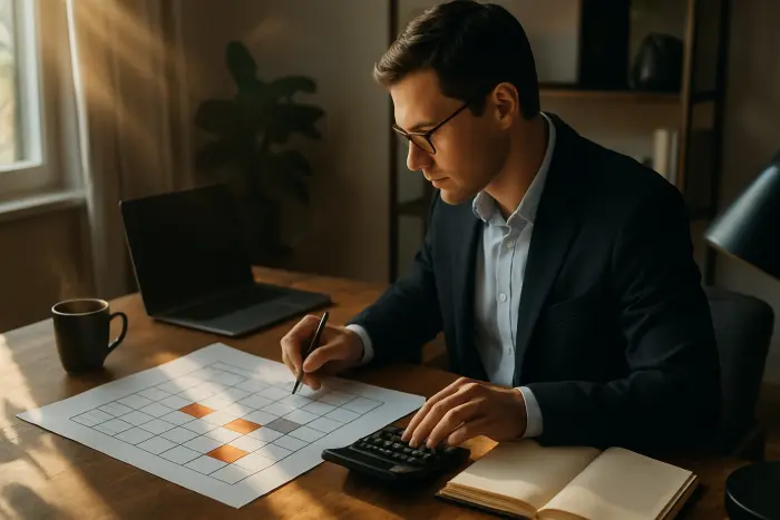 A professional looking at a financial calendar with key dates highlighted. The person is reviewing a personal resignation timeline spreadsheet with columns for bonus dates, project milestones, and market conditions. They're using a calculator while making notes in a planner. The setting is a modern home office with natural light streaming in. The person appears focused and strategic rather than stressed. No visible text elements or documents with writing should appear in the image. Photo-realistic, professional photography, high-resolution, natural lighting, authentic details.