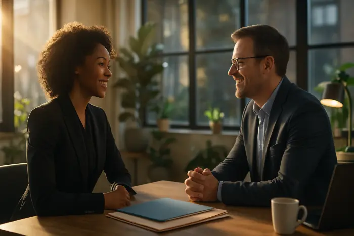 A hiring manager and job candidate having a positive meeting in a bright, modern office space with large windows. The candidate is dressed professionally for their industry, showing confident body language. The hiring manager appears engaged and receptive. On a nearby table are visible folders and materials suggesting job application documents, but no readable text. The atmosphere conveys successful timing of a job transition with both parties showing positive expressions. The office environment includes plants and contemporary design elements that create a welcoming professional setting. Photo-realistic, professional photography, high-resolution, natural lighting, authentic details.