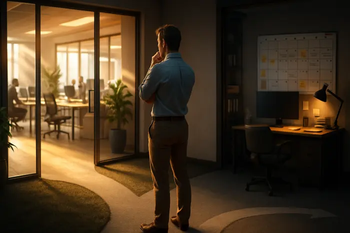 A professional stands thoughtfully at a crossroads in an office environment, looking at two different paths ahead. On one path, visible through glass doors, is a bustling, bright new office space. On the other path is their current workspace with a calendar prominently showing bonus dates and project deadlines. The lighting creates a warm glow on the path ahead while keeping the current space in neutral lighting. The professional appears contemplative but confident, dressed in business casual attire appropriate for their industry. Their body language suggests they are making a calculated decision rather than an impulsive one. The image captures the moment of strategic career decision-making without any visible text elements. Photo-realistic, professional photography, high-resolution, natural lighting, authentic details.