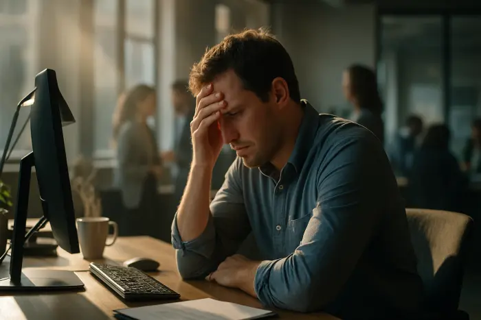 A person sitting alone at their desk, looking visibly distressed while reviewing information on their computer. Their body language shows tension - shoulders hunched, hand on forehead, expression troubled. The office environment around them appears modern but impersonal, with muted colors and corporate styling. Other team members can be seen in the background engaged in conversation, highlighting the subject's isolation. The lighting is natural but somewhat harsh, emphasizing the emotional weight of the moment. The scene captures the psychological impact of values misalignment without showing any readable text or documents. Photo-realistic, professional photography, high-resolution, natural lighting, authentic details.