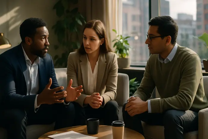 A diverse group of three professionals engaged in a serious conversation in a comfortable break area of a modern workplace. Their expressions show concern mixed with determination as they appear to be discussing important matters. One person is gesturing expressively while explaining a point, another is listening intently with a supportive posture, while the third is nodding in agreement. The setting includes plants, comfortable seating, and large windows showing an urban landscape, creating a safe space for meaningful conversation. The composition captures the collaborative nature of addressing workplace concerns through mutual support. Photo-realistic, professional photography, high-resolution, natural lighting, authentic details.