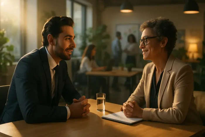 A job candidate and interviewer engaged in a thoughtful conversation across a table in a bright, modern interview space. The candidate, dressed in professional attire appropriate for their industry, leans forward slightly with an expression of genuine interest and conviction. The interviewer shows positive engagement, with body language suggesting receptiveness to what's being shared. On the table between them are simple items like water glasses and notepads, but no visible text. The background shows a workspace with elements suggesting company values - perhaps sustainability features, collaborative spaces, or diversity in the visible team members. The lighting is warm and inviting, creating an atmosphere of openness and possibility. Photo-realistic, professional photography, high-resolution, natural lighting, authentic details.