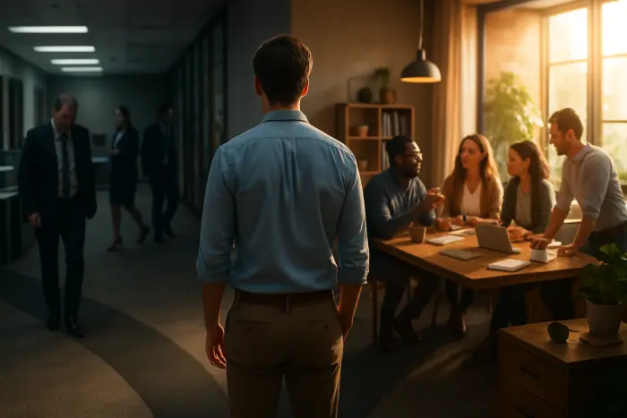 A professional stands at a literal crossroads in a modern office environment, looking thoughtfully at the diverging paths ahead. One path leads toward a sterile, gray corporate space with people in suits looking stressed and disconnected. The other path leads toward a warm, collaborative workspace with diverse professionals engaged in meaningful conversation. The central figure appears contemplative, dressed in business casual attire, with body language suggesting deep consideration of their next step. The lighting creates dramatic contrast between the two paths – cold, harsh lighting on one side and warm, natural light on the other. The scene captures the emotional weight of values-based career decisions without any visible text or documents. Photo-realistic, professional photography, high-resolution, natural lighting, authentic details.