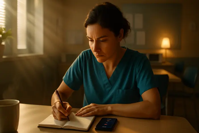 A person in healthcare scrubs documenting incidents in a small notebook while sitting in a hospital break room. Their expression is focused and determined as they write detailed notes. A smartphone with a recording app is visible beside them. The environment shows a typical healthcare facility break room with minimal decoration. The lighting is institutional but warm enough to show details clearly. Photo-realistic, professional photography, high-resolution, natural lighting, authentic details.