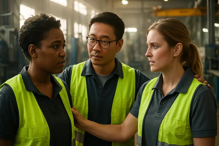 A diverse group of three professionals (Black woman, Asian man, white woman) in a manufacturing facility having a supportive conversation. They're wearing casual work attire with safety vests, standing in a well-lit area of the factory floor. One person has a reassuring hand on another's shoulder, suggesting support and solidarity. Their expressions show concern mixed with resolve. Industrial equipment visible in the background establishes the work environment. Photo-realistic, professional photography, high-resolution, natural lighting, authentic details.
