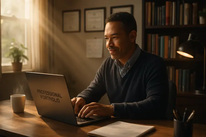 A mixed-race male teacher in his 40s sitting at a desk in a home office environment, updating his professional portfolio on a laptop. His expression shows renewed confidence and focus. The space is organized with certificates visible on the wall and professional books on shelves. Natural light streams in from a nearby window, creating a hopeful atmosphere. A calendar with job interview dates is partially visible. The setting suggests rebuilding a career after a challenging transition. Photo-realistic, professional photography, high-resolution, natural lighting, authentic details.