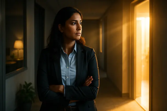 A professional woman of South Asian descent in business casual attire stands at a crossroads in an office hallway, looking thoughtfully toward a bright doorway. The lighting creates a contrast between the darker hallway behind her and the sunlit exit ahead. Her expression shows determination mixed with contemplation. The office environment appears modern but slightly tense, with muted colors in the background and warm light from the exit. Photo-realistic, professional photography, high-resolution, natural lighting, authentic details.