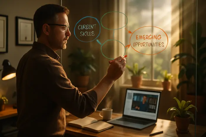 A midcareer professional in a home office environment mapping out their skill transition strategy. The person is standing at a glass board with colorful markers, creating a visual diagram connecting their current skills to emerging opportunities. The workspace shows evidence of both traditional expertise (professional certificates visible on wall) and new learning (open laptop displaying an online course). The lighting is warm and natural, with houseplants suggesting growth. The professional's expression shows focused determination as they analyze the connections between their experience and future directions. Photo-realistic, professional photography, high-resolution, natural lighting, authentic details.