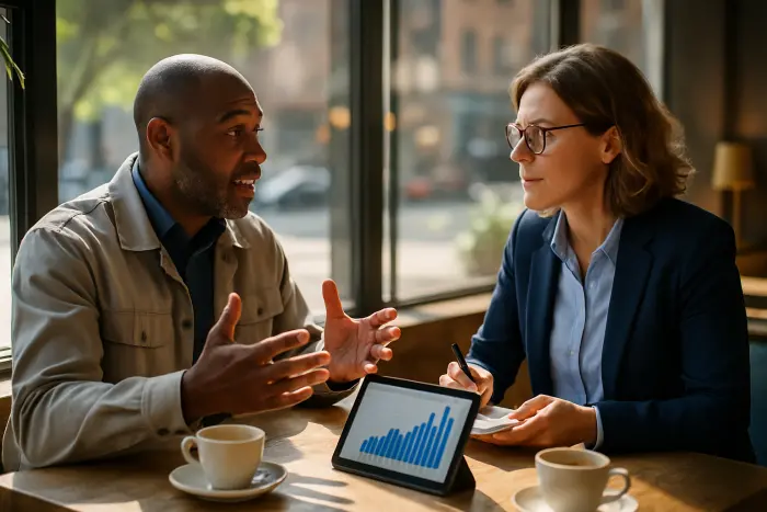 Two midcareer professionals from different industries having a mentoring conversation in a bright, modern cafe setting. One person is gesturing expressively while explaining how their skills transfer to a new domain, while the other listens attentively, taking occasional notes on a small notepad. Coffee cups and a tablet displaying industry trend graphs sit on the wooden table between them. The environment features large windows with urban views, creating a dynamic backdrop. Their body language conveys mutual respect and engagement, with both leaning slightly forward. The scene captures the collaborative nature of skill transition and professional networking. Photo-realistic, professional photography, high-resolution, natural lighting, authentic details.
