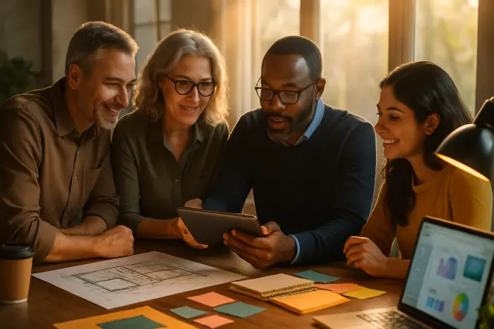 A diverse group of midcareer professionals engaged in a collaborative reskilling workshop. The scene shows four people of varying ages, genders, and ethnicities gathered around a modern workspace with digital devices and physical materials. One person is demonstrating something on a tablet while others observe with engaged expressions. The environment features natural lighting streaming through large windows, creating a warm, optimistic atmosphere. The space includes elements suggesting both traditional and emerging career fields - architectural plans, digital interfaces, and creative materials visible on the workspace. The body language of participants conveys both concentration and enthusiasm, capturing the blend of challenge and opportunity in professional reskilling. Photo-realistic, professional photography, high-resolution, natural lighting, authentic details.