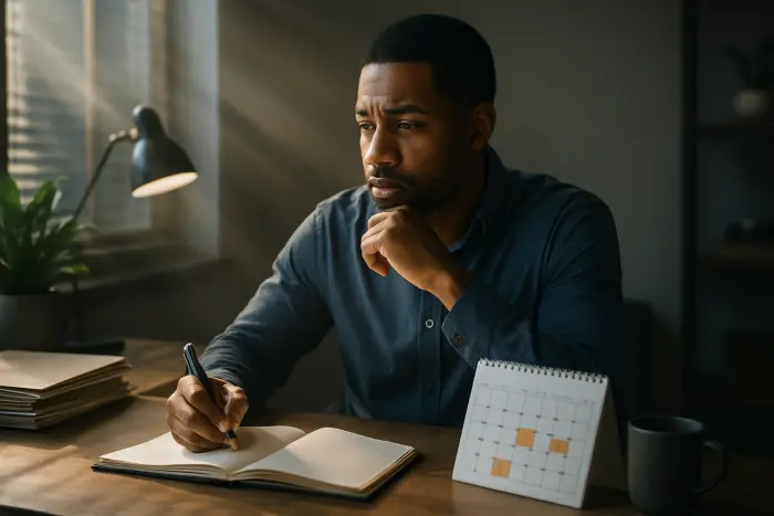 A person of color in business casual attire sitting at a desk with a thoughtful expression, writing in a notebook (no visible text). Next to them is a calendar with certain dates highlighted (no visible text). The workspace shows signs of organization and preparation - a neat stack of folders, a plant, and a coffee mug. The lighting creates a determined, purposeful atmosphere as they prepare for a significant professional transition. The setting suggests strategic planning rather than impulsive action. Photo-realistic, professional photography, high-resolution, natural lighting, authentic details.